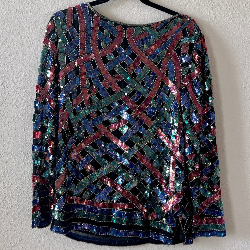 Vintage 80s Multicolor Lord and Taylor Sequin Silk Long Sleeve Top, Size L
